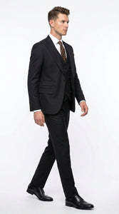 Men’s Black Wool Suit with One Button Peak Lapel Jacket and Double Breasted Vest