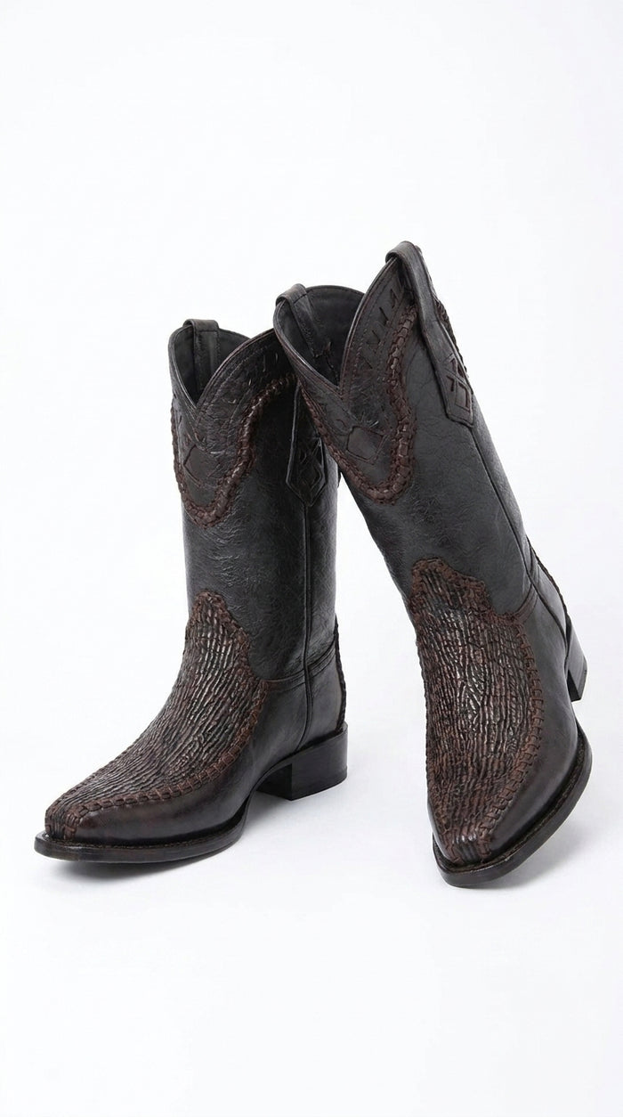 White Diamond Men’s Brown Shark Skin Cowboy Boots, Narrow Square Toe Western Dress Boots