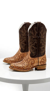 White Diamond Men’s Natural Hand-Tooled Western Boots, Square Toe Cowboy Dress Boots