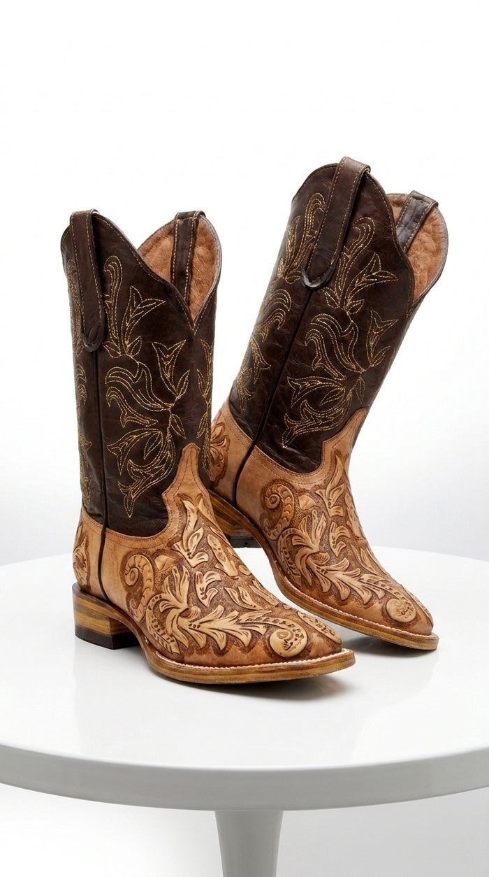 White Diamond Men’s Natural Hand-Tooled Western Boots, Square Toe Cowboy Dress Boots