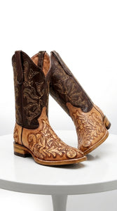 White Diamond Men’s Natural Hand-Tooled Western Boots, Square Toe Cowboy Dress Boots