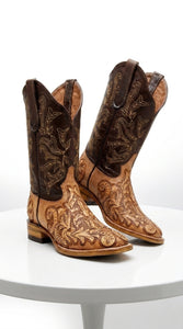 White Diamond Men’s Natural Hand-Tooled Western Boots, Square Toe Cowboy Dress Boots