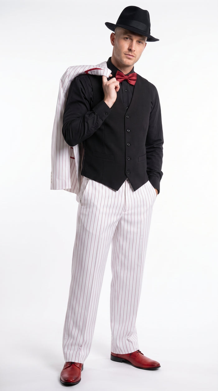 Men’s White and Black Pinstripe Zoot Suit, High Waist Formal Party Tuxedo Suit