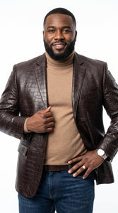 Zacchi Men’s Brown Crocodile Print Leather Feel Blazer, Italian Cut 2 Button Big and Tall Jacket