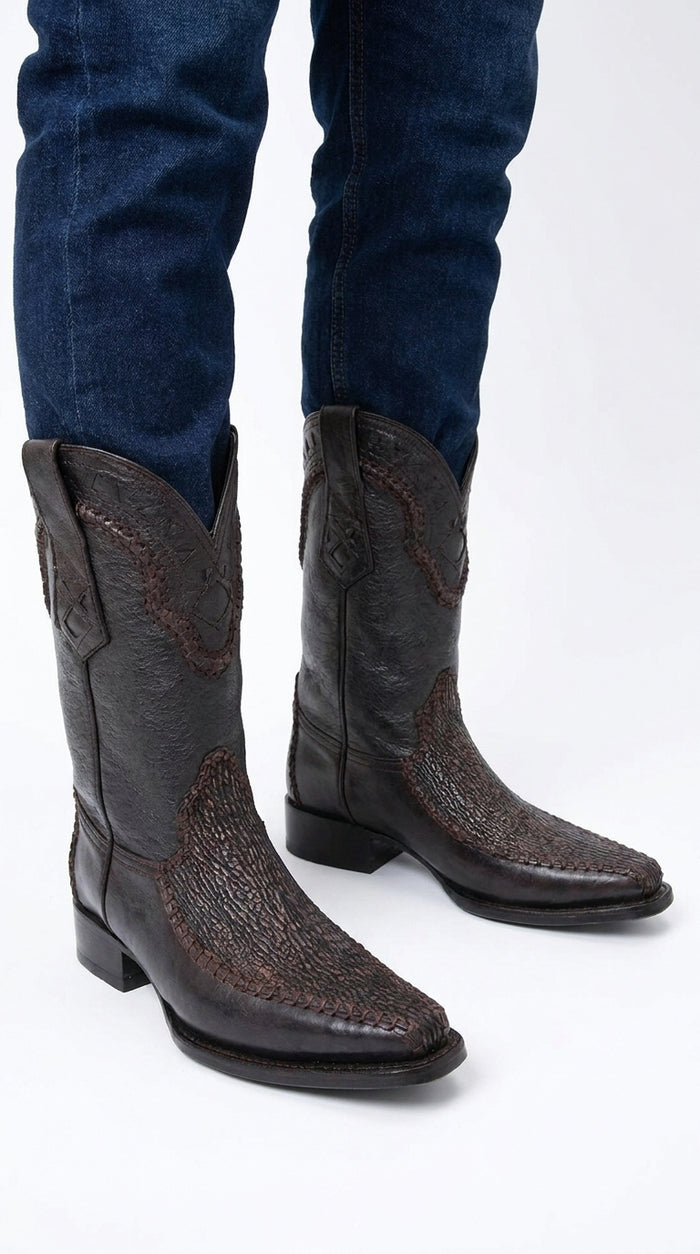 White Diamond Men’s Brown Shark Skin Cowboy Boots, Narrow Square Toe Western Dress Boots