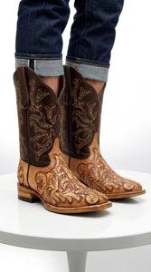 White Diamond Men’s Natural Hand-Tooled Western Boots, Square Toe Cowboy Dress Boots