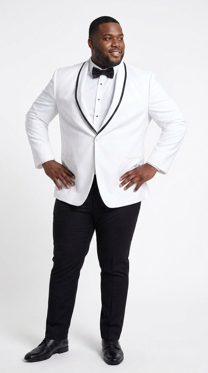 Men’s White Prom Tuxedo Suit with Black Trim, White Wedding Tuxedo for Prom, Groom & Formal Events