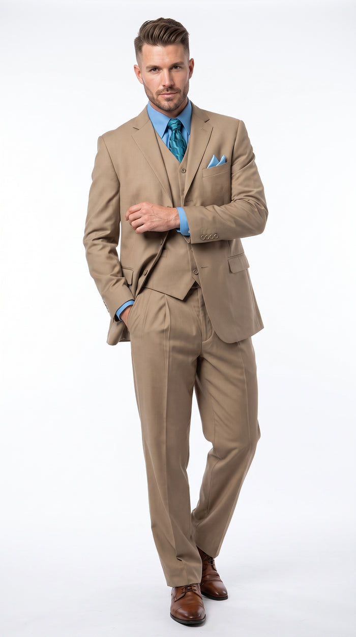 Men’s Tan 3 Button Classic Fit Vested Suit, Formal Wedding Business Dress Suit