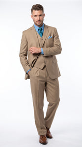 Men’s Tan 3 Button Classic Fit Vested Suit, Formal Wedding Business Dress Suit