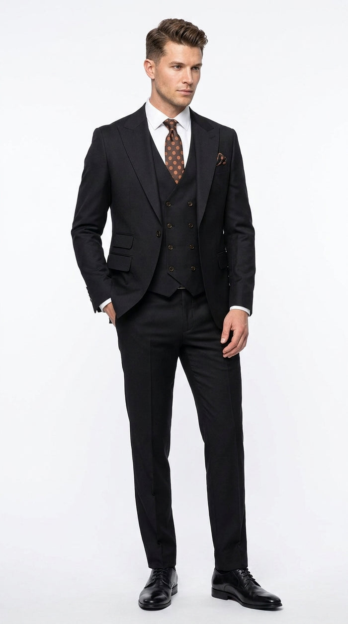 Men’s Black Wool Suit with One Button Peak Lapel Jacket and Double Breasted Vest