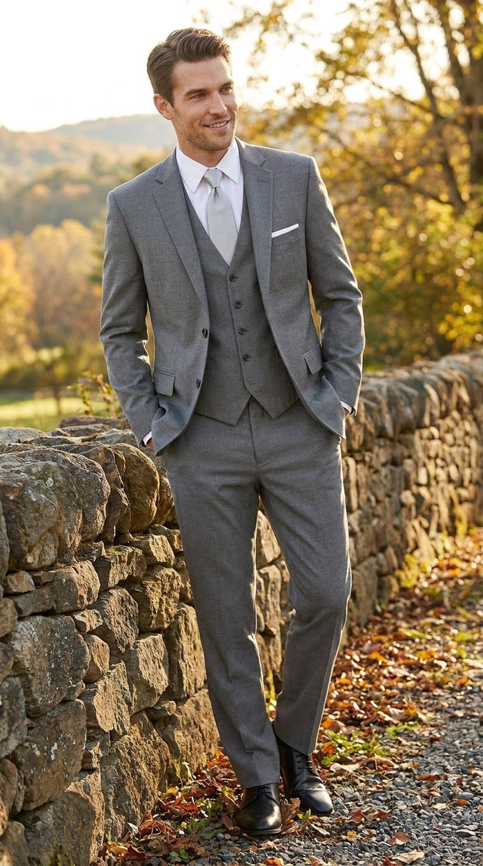 Men’s Designer Grey Prom Tuxedo Suit, Formal Wedding Groom Dress Suit