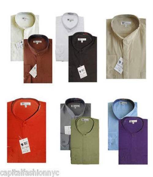 Men’s Mandarin Collar Dress Shirt, Collarless Nehru Preacher Style Multi-Color Shirt