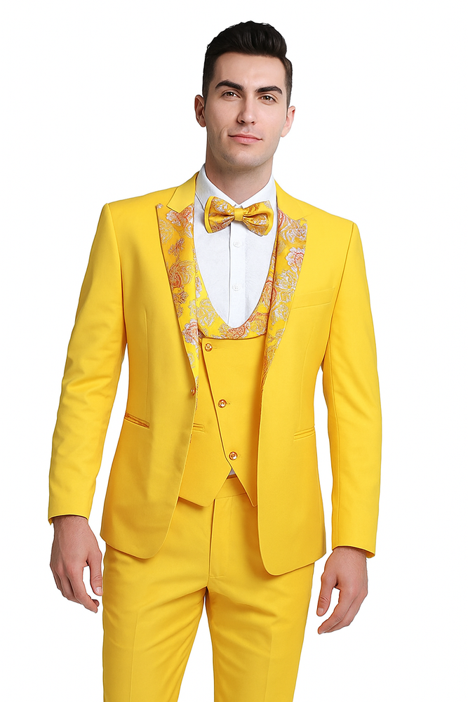 Radiant Golden Bloom Mens 3-Piece Suit with Floral Peak Lapel