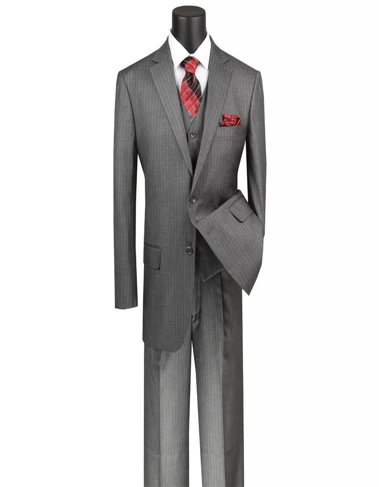 Mens Big and Tall Medium Gray Pinstripe Three Piece Two Button Classic Fit Suit