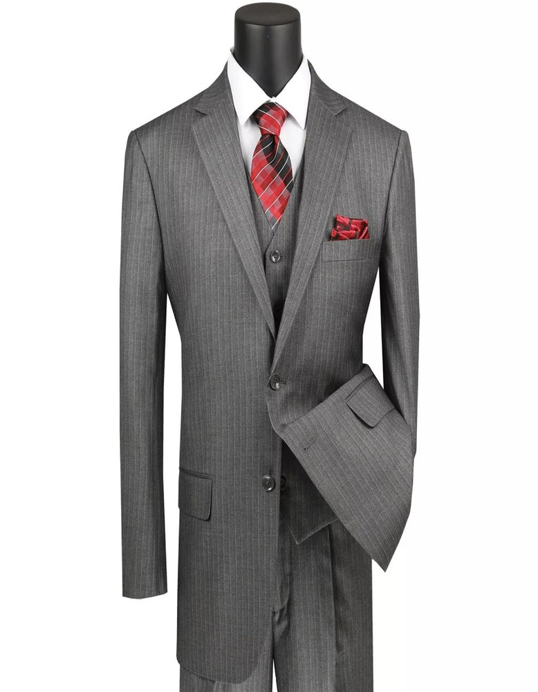 Mens Big and Tall Medium Gray Pinstripe Three Piece Two Button Classic Fit Suit