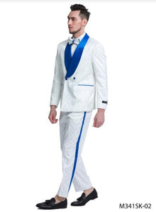 Men'S Shawl Lapel 1 Button White And Royal Blue Wedding Tuxedo Dress Suits For Men