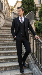 Tiglio Men’s Black 3 Pieacce Suit – Classic Formal Business Suit with Vest for Wedding and Special Occasion