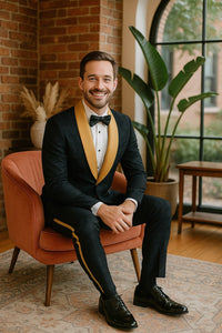 Men's Black and Gold Shawl Lapel Tuxedo with Jacquard Texture – Wedding & Prom Suit