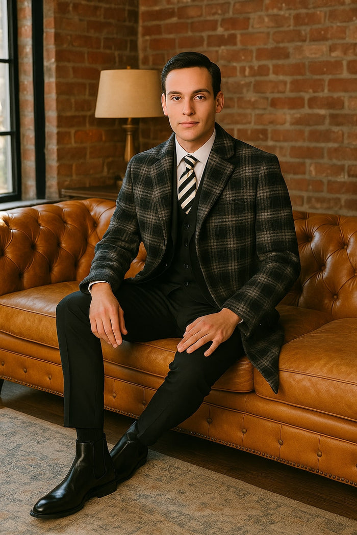 Men's Black and White Windowpane Plaid Overcoat – Classic Full Length Wool Blend Dress Coat