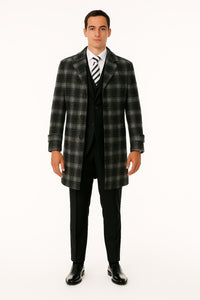 Men's Black and White Windowpane Plaid Overcoat – Classic Full Length Wool Blend Dress Coat