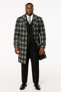 Men's Black and White Windowpane Plaid Overcoat – Classic Full Length Wool Blend Dress Coat