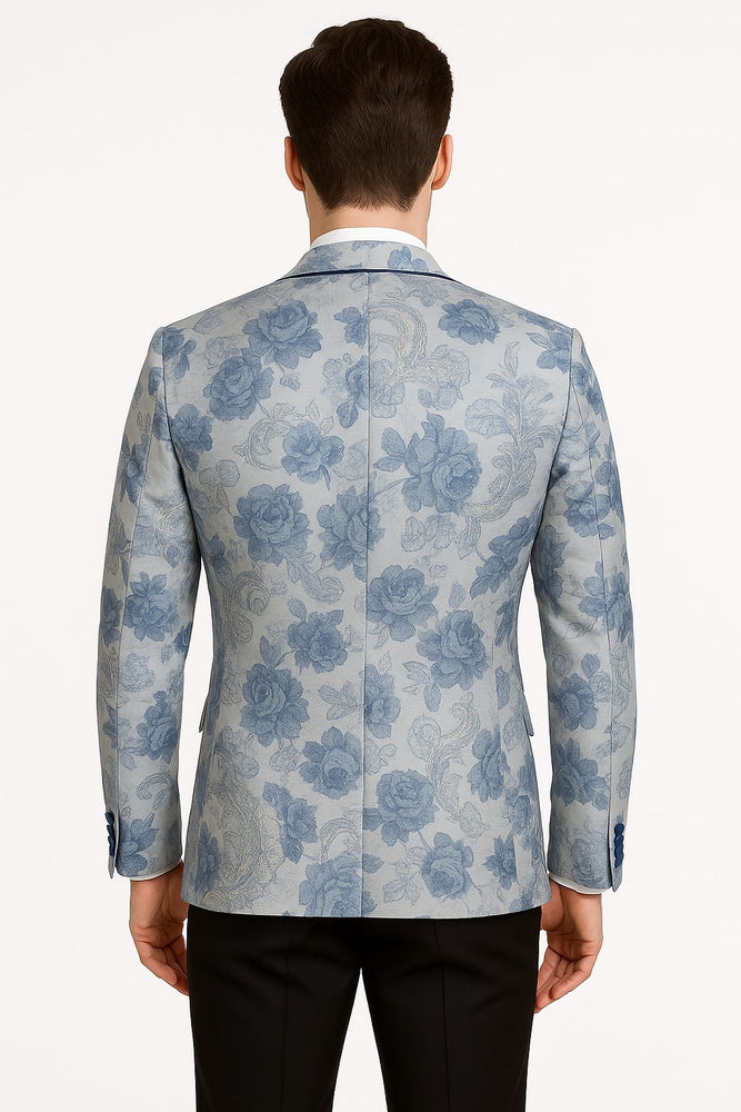 Men's Blue and Gray Tuxedo - Sky Blue Paisley Embroidered Dinner Jacket  Jacket with Satin Trim and Matching Bow Tie