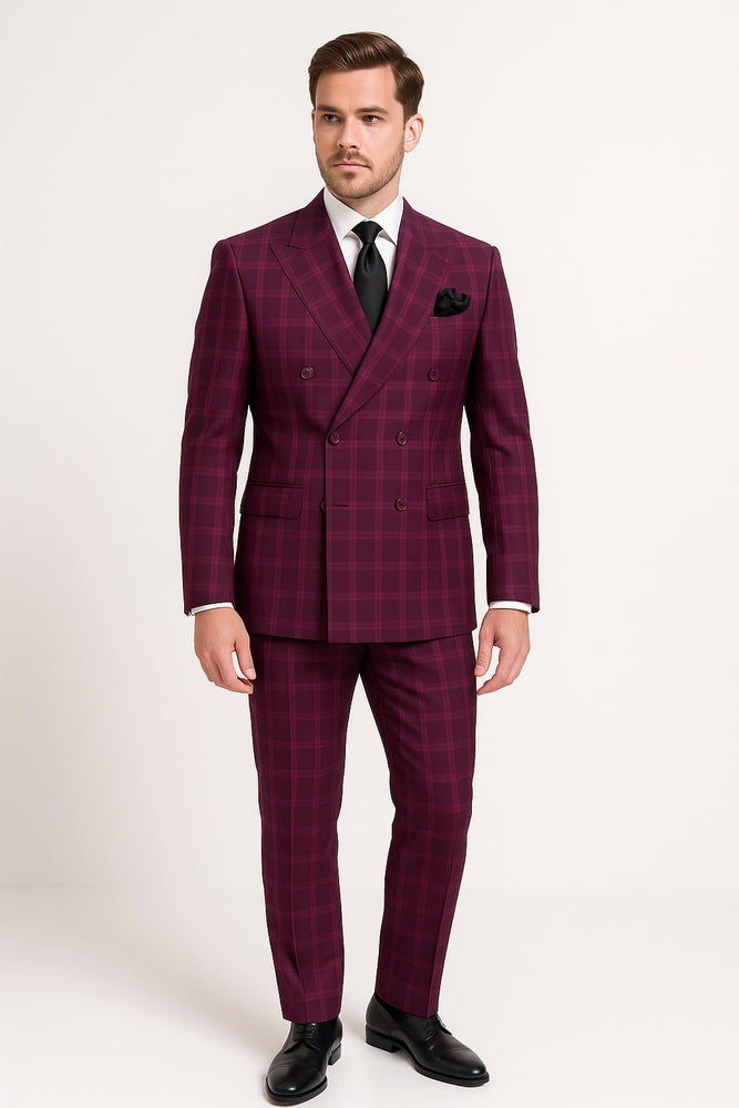 Men's Burgundy Plaid Double-Breasted Suit – Classic Windowpane Formal Two-Piece Suit By Rossiman