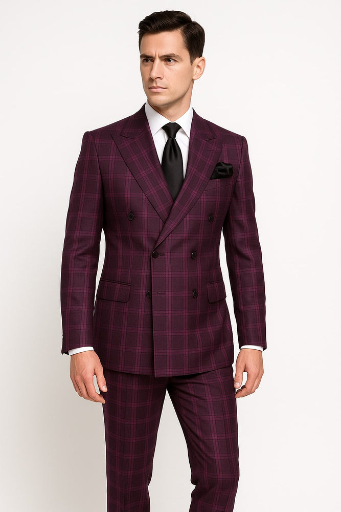 Men's Burgundy Plaid Double-Breasted Suit – Classic Windowpane Formal Two-Piece Suit By Rossiman