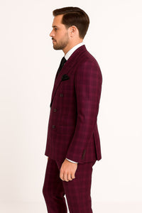 Men's Burgundy Plaid Double-Breasted Suit – Classic Windowpane Formal Two-Piece Suit By Rossiman