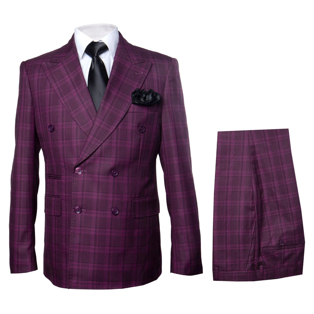 Rossiman Men’s Burgundy Windowpane Plaid Double-Breasted Suit