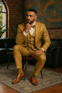Men's Gold Floral Brocade Three-Piece Suit with Vest and Bow Tie