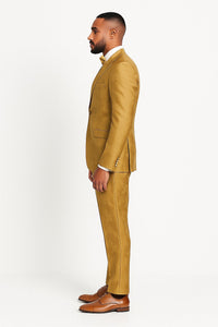 Men's Gold Floral Brocade Three-Piece Suit with Vest and Bow Tie