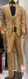 Men's Gold Floral Brocade Three-Piece Suit with Vest and Bow Tie