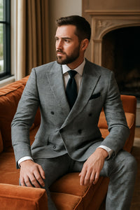 Men's Grey Glen Plaid Double-Breasted Suit – Classic Prince of Wales Check Two-Piece Set By Rossiman