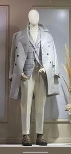 Men's Light Gray Double-Breasted Overcoat with Windowpane Vest – 3-Piece Wool Fabric By Alberto Nardoni