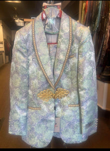 Men's Mint Green - Sage and Gold Trim Collar Floral Brocade Blazer with Gold Embellishments Prom Suit