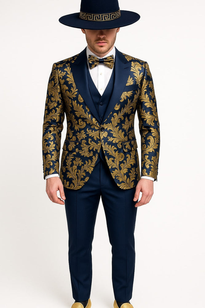 Men's Navy Blue and Gold Baroque Tuxedo Suit with Matching Vest and Bow Tie – Luxury Formalwear