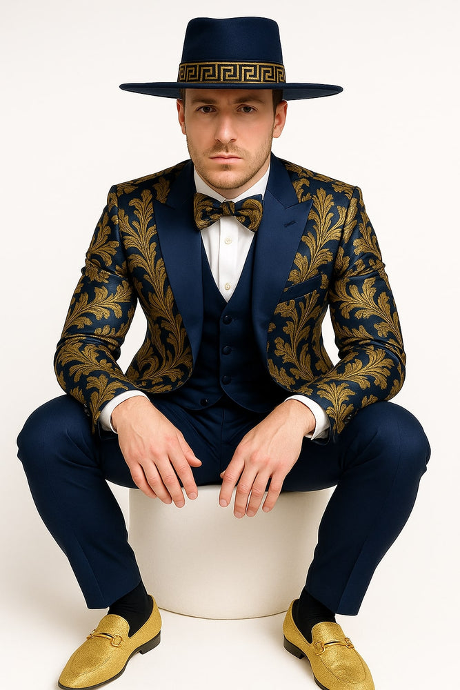 Men's Navy Blue and Gold Baroque Tuxedo Suit with Matching Vest and Bow Tie – Luxury Formalwear