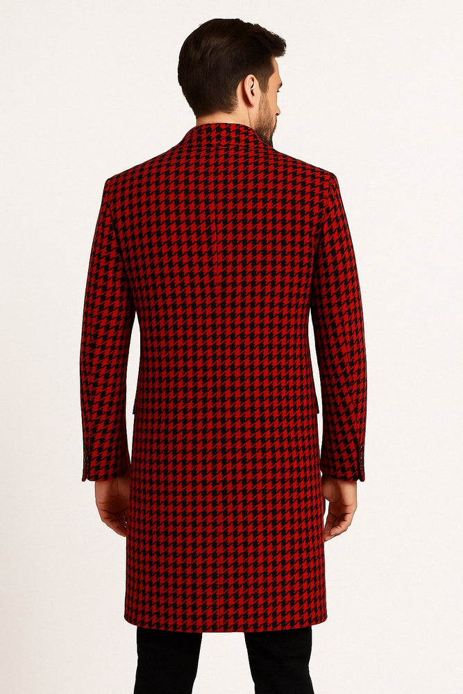 Men’s Red and Black Houndstooth Overcoat – Classic Wool Long Coat - Christmas Tartan Coat