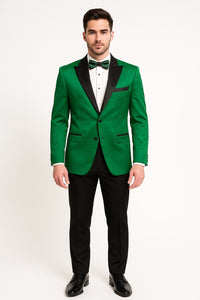 Men's Sateen Emerlad Green Tuxedo Jacket with Black Satin Lapel and Bow Tie – Slim Fit Prom and Party Blazer