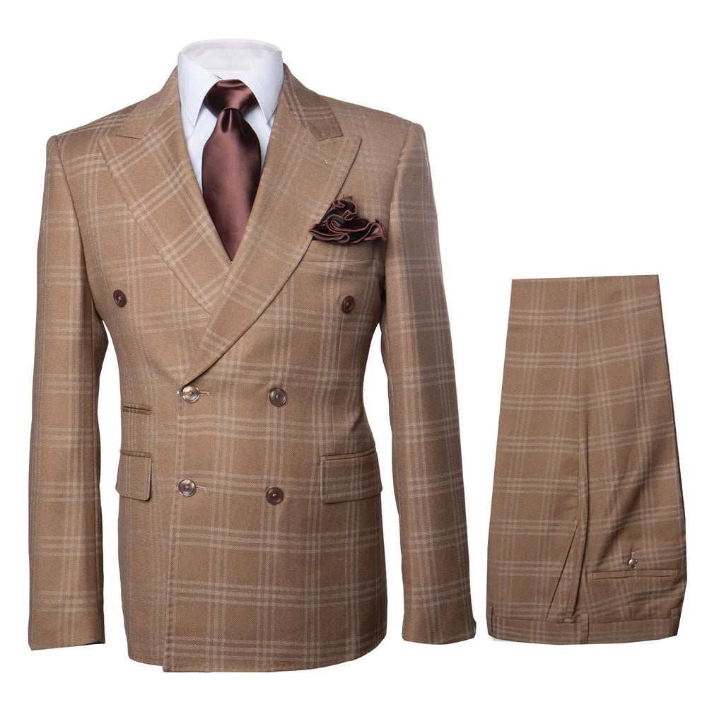Rossiman Men’s Camel Tan Windowpane Plaid Double-Breasted Suit
