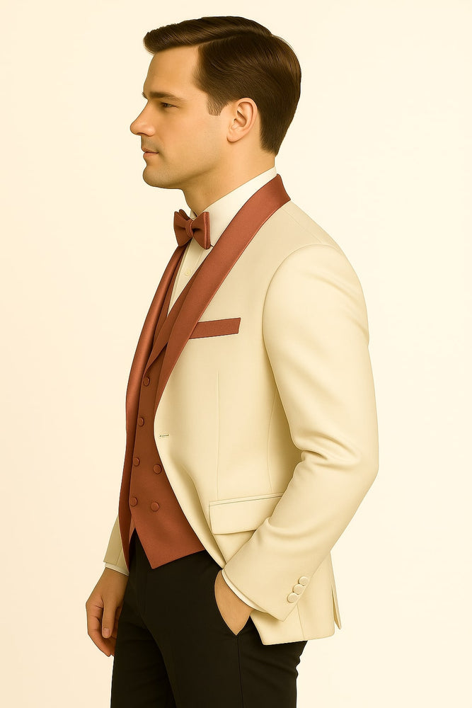 Men's White and Rose Gold Tuxedo with Mauve Satin Vest and Bow Tie – Elegant Formalwear for Weddings and Events
