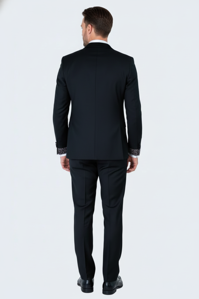 Men's Black and White Silver Embellished Tuxedo Suit + Bowtie 3-Piece Formal Wedding, Prom, and Gala Outfit