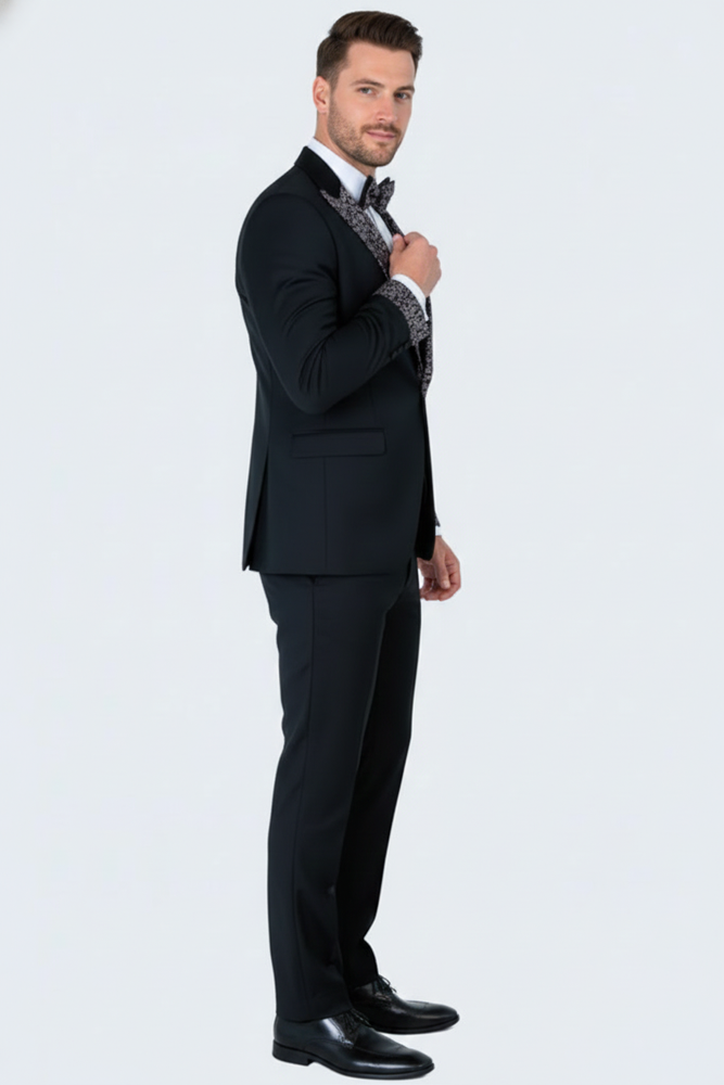 Men's Black and White Silver Embellished Tuxedo Suit + Bowtie 3-Piece Formal Wedding, Prom, and Gala Outfit