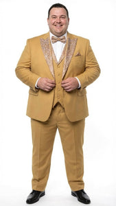 Men's Gold Embellished Tuxedo Suit + Bowtie – Slim Fit Jacket, Vest and Tailored Pants