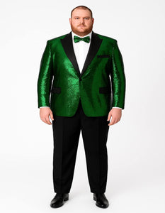 Men's Green Sequin Tuxedo Jacket with Black Satin Lapel and Bow Tie – Sparkling Party and Stage Blazer By Alberto Nardoni