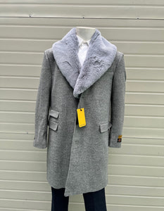 Men’s Grey Wool Overcoat with Plush Faux Fur Shawl Collar – Winter Luxury Coat