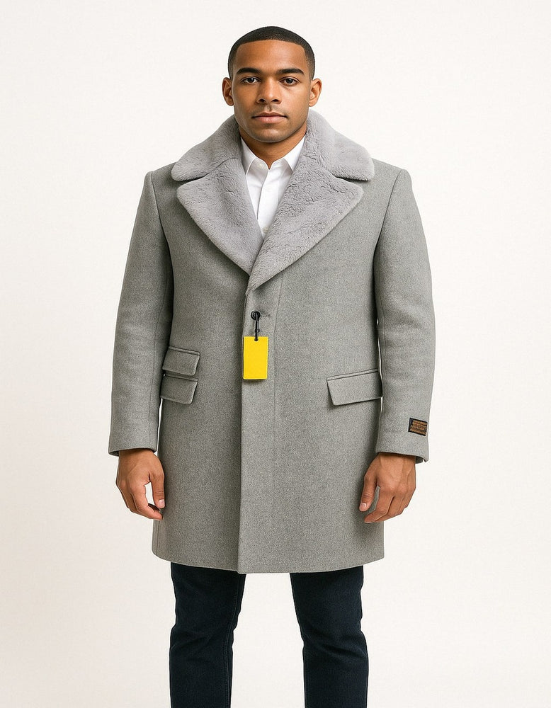 Men’s Grey Wool Overcoat with Plush Faux Fur Shawl Collar – Winter Luxury Coat