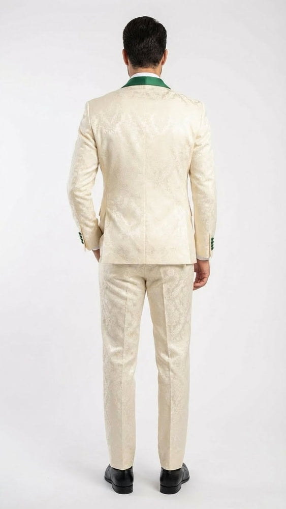 Men's Ivory and Emerald Green Jacquard Tuxedo Suit + Bowtie – 3-Piece Formal Wedding, Prom, and Gala Outfit