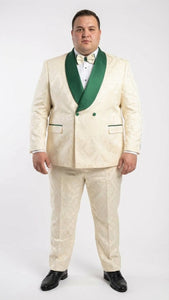 Men's Ivory and Emerald Green Jacquard Tuxedo Suit + Bowtie – 3-Piece Formal Wedding, Prom, and Gala Outfit